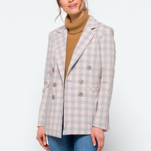 Coffee Shop plaid gray Double Breasted Blazer blushed pink - Picture 3 of 8